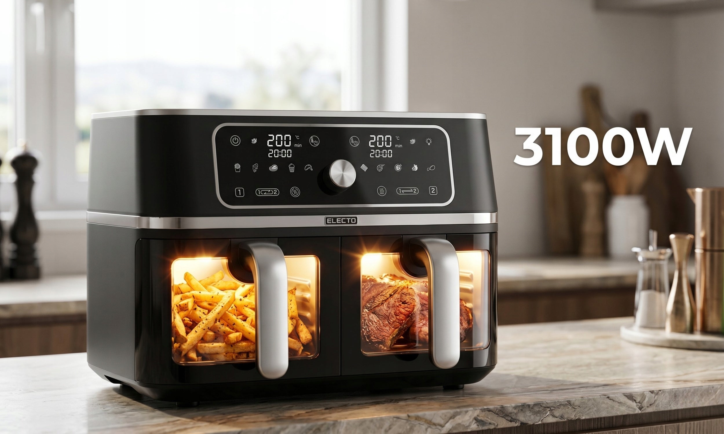 FAT-FREE TWO-CHAMBER AIR FRYER 3100W LARGE AIR FRYER 10L Manufacturer code AIR FRYER DWUKOMOROWY DUŻA FRYTKOWNICA 5+5 L