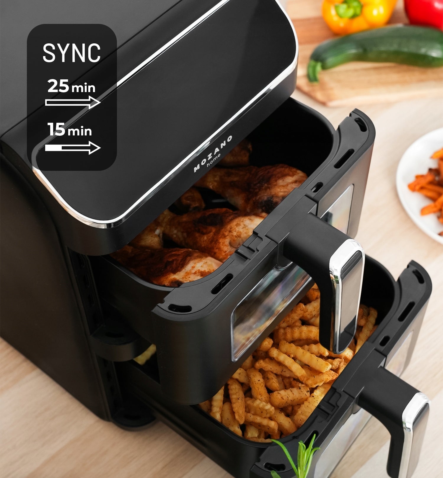 FAT-FREE TWO-CHAMBER VERTICAL AIR FRYER 11L AIR FRYER 2800W 12 MODES Bowl volume 11 l
