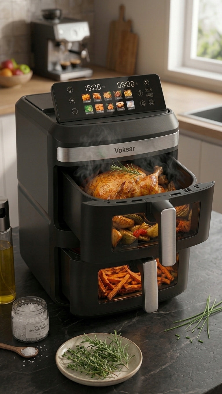 FAT-FREE TWO-CHAMBER VERTICAL AIR FRYER VOKSAR T11 AIR FRYER 12L XXL Dominant color black