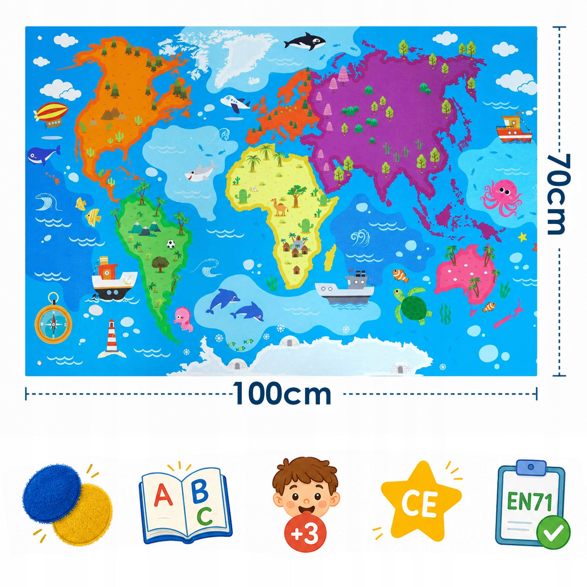 FELT BOARD FOR CHILDREN EDUCATIONAL VELCRO MAT BOARD WORLD MAP 100x70 Kid's age 3+ years