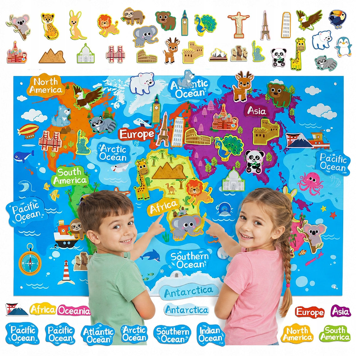FELT BOARD FOR CHILDREN EDUCATIONAL VELCRO MAT BOARD WORLD MAP 100x70