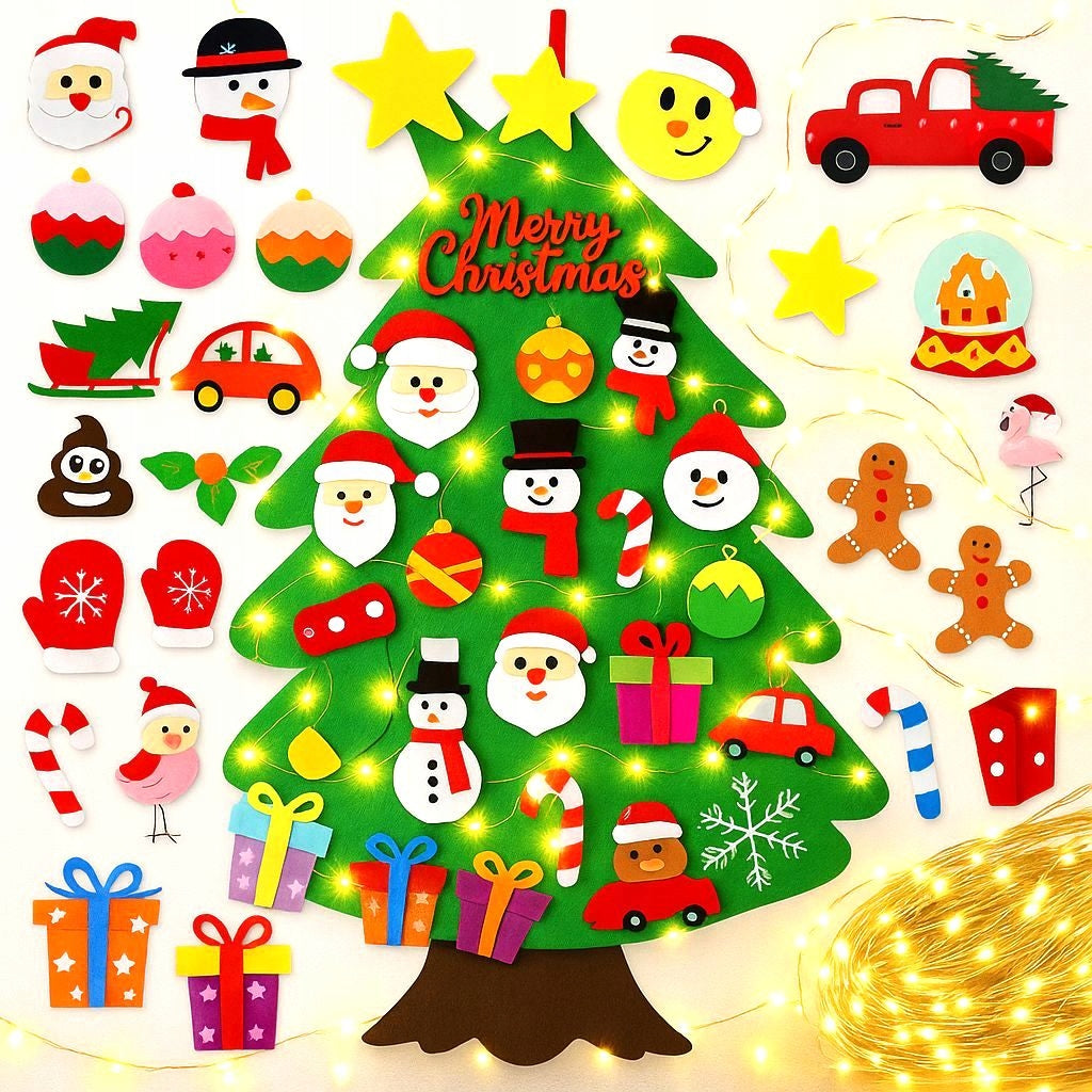 FELT CHRISTMAS TREE WITH VELCRO DECORATIONS FOR CHILDREN 32x + LIGHTS 50LED 105CM Manufacturer code 5907426666573 choinka filc 50 led 105cm
