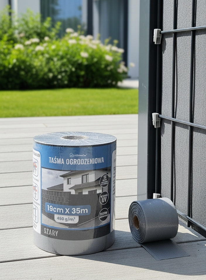 FENCE TAPE GREY 19x35 FENCE COVER + UV 25 CLIPS GREY Packaging status original