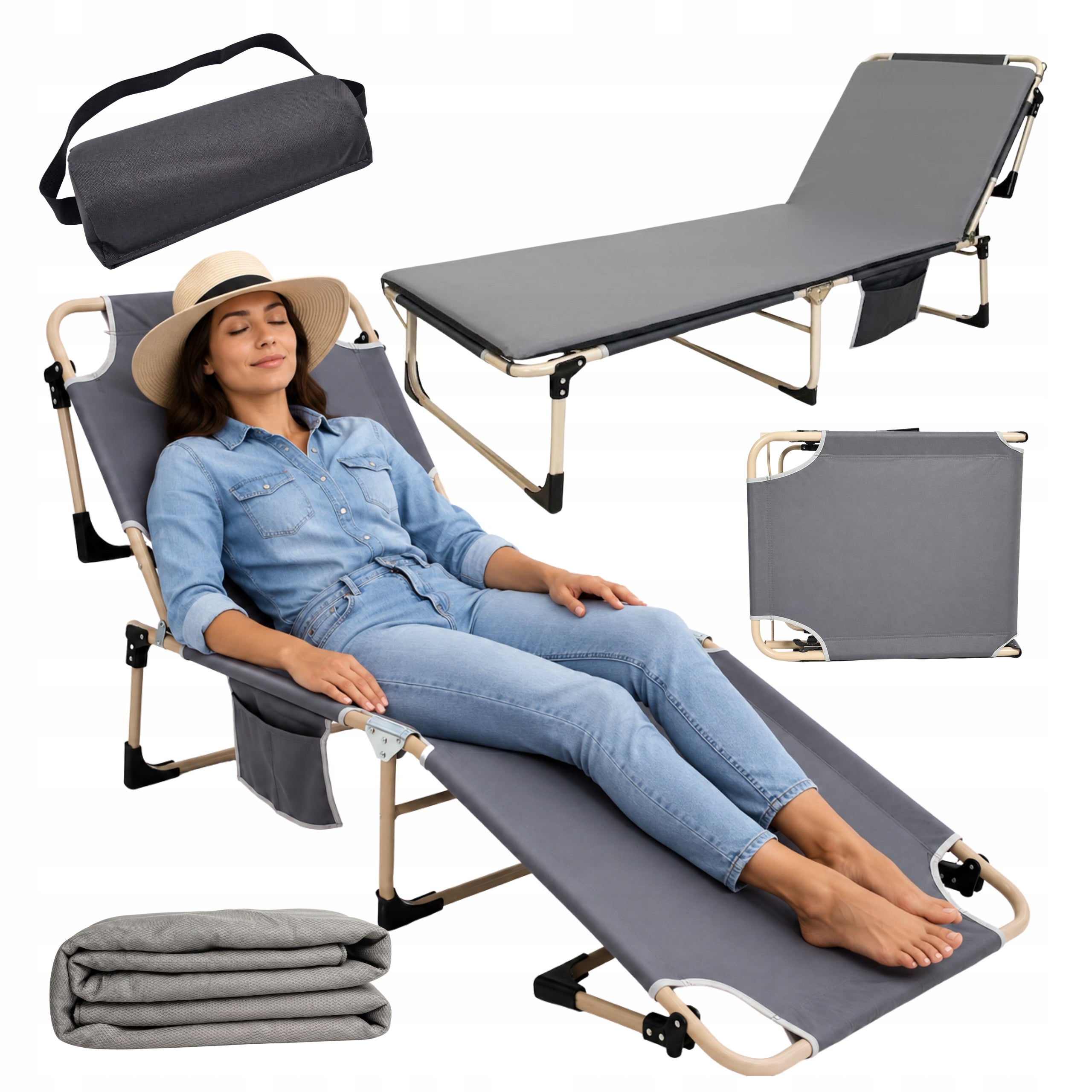 FIELD BED FOLDING TOURIST SUN LOUNGER with CAMPING headrest 150 kg