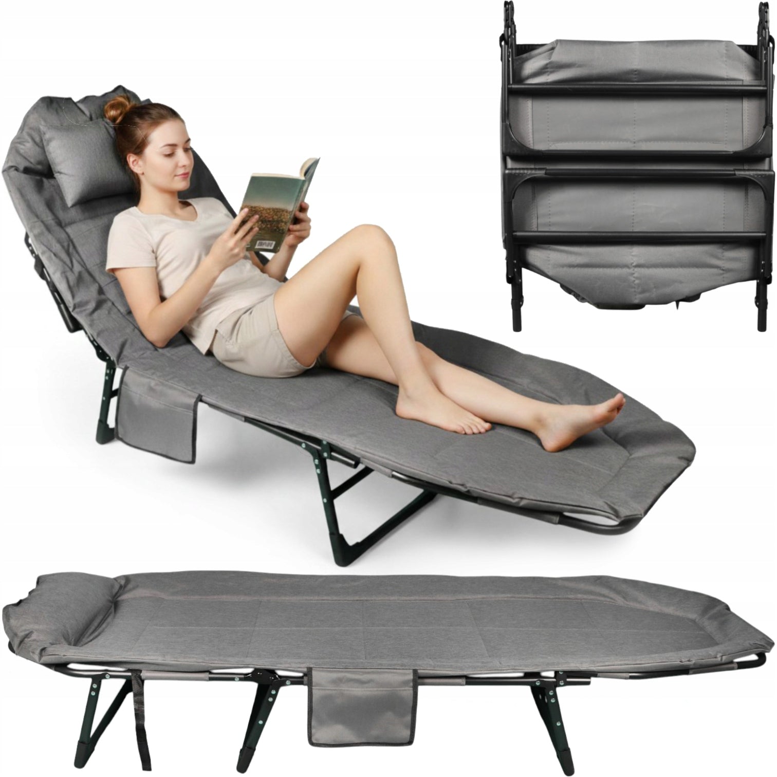 FIELD TOURIST BED FOLDING STRONG 150 KG LIGHT ADJUSTABLE WITH PILLOW