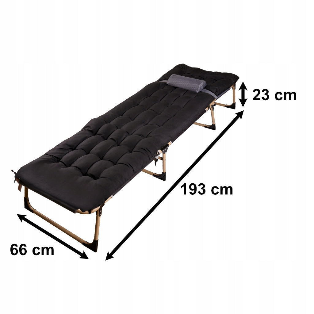 FIELD TOURIST BED WITH MATTRESS FOLDING LOUNGER ADJUSTABLE WITH HEADREST Manufacturer code LEŻAK PLAŚOWY KEMPINGOWY Z KIESZONKĄ CZARNY