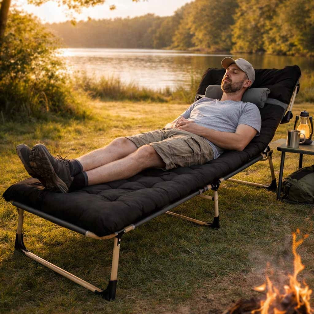 FIELD TOURIST BED WITH MATTRESS FOLDING LOUNGER ADJUSTABLE WITH HEADREST Packaging status original