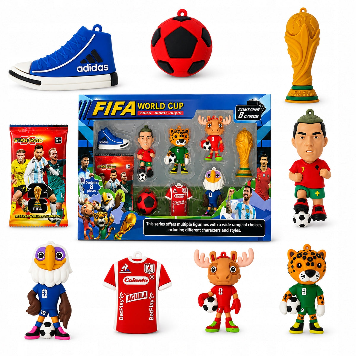 FIFA World Cup Figurines 2026 8 Pcs + 8 Football Cards Collectible Manufacturer code 16895