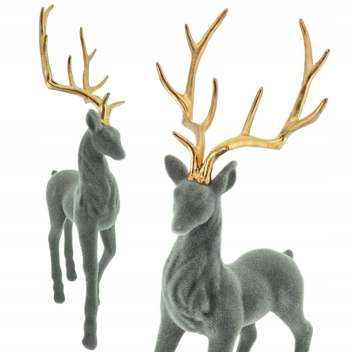 FIGURINE DEER REINDEER FLOCKED DECORATION REED DECORATION GREY LARGE 32CM