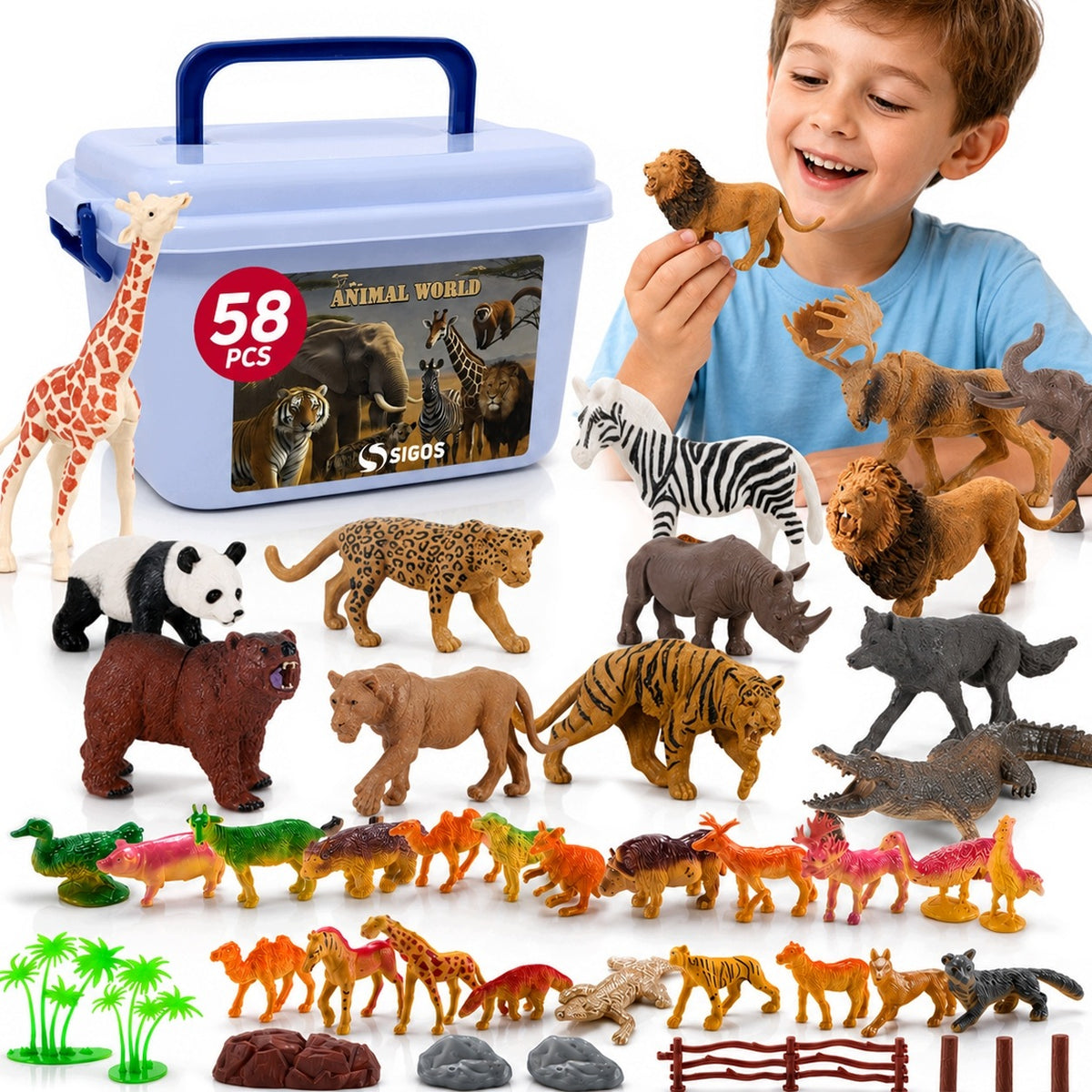 FIGURINES WILD ANIMALS SAFARI WILD ZOO ANIMALS COLLECTION 58 EL +CASE