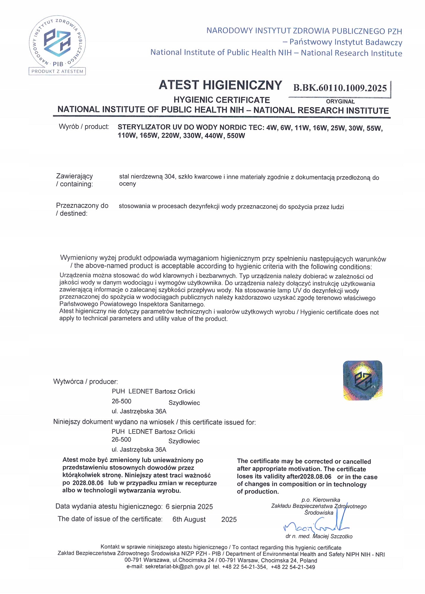 FILTER UV STERILIZER lamp Nordic Tec PHILIPS 30W UV for water PZH certificate Packaging status original
