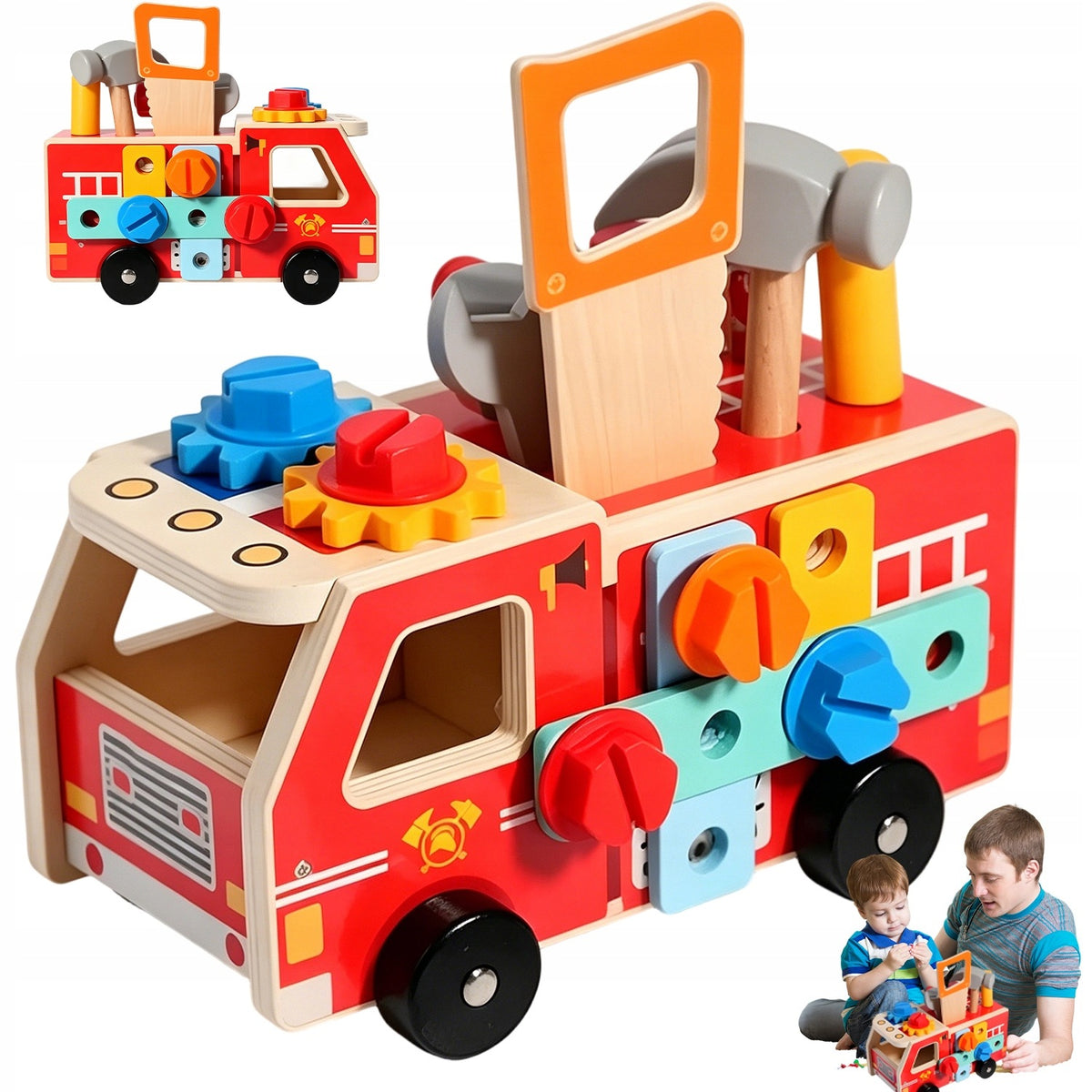 FIRE TRUCK TOOL SET 4IN1 DIY MOVABLE WOODEN WORKSHOP 34 ELE