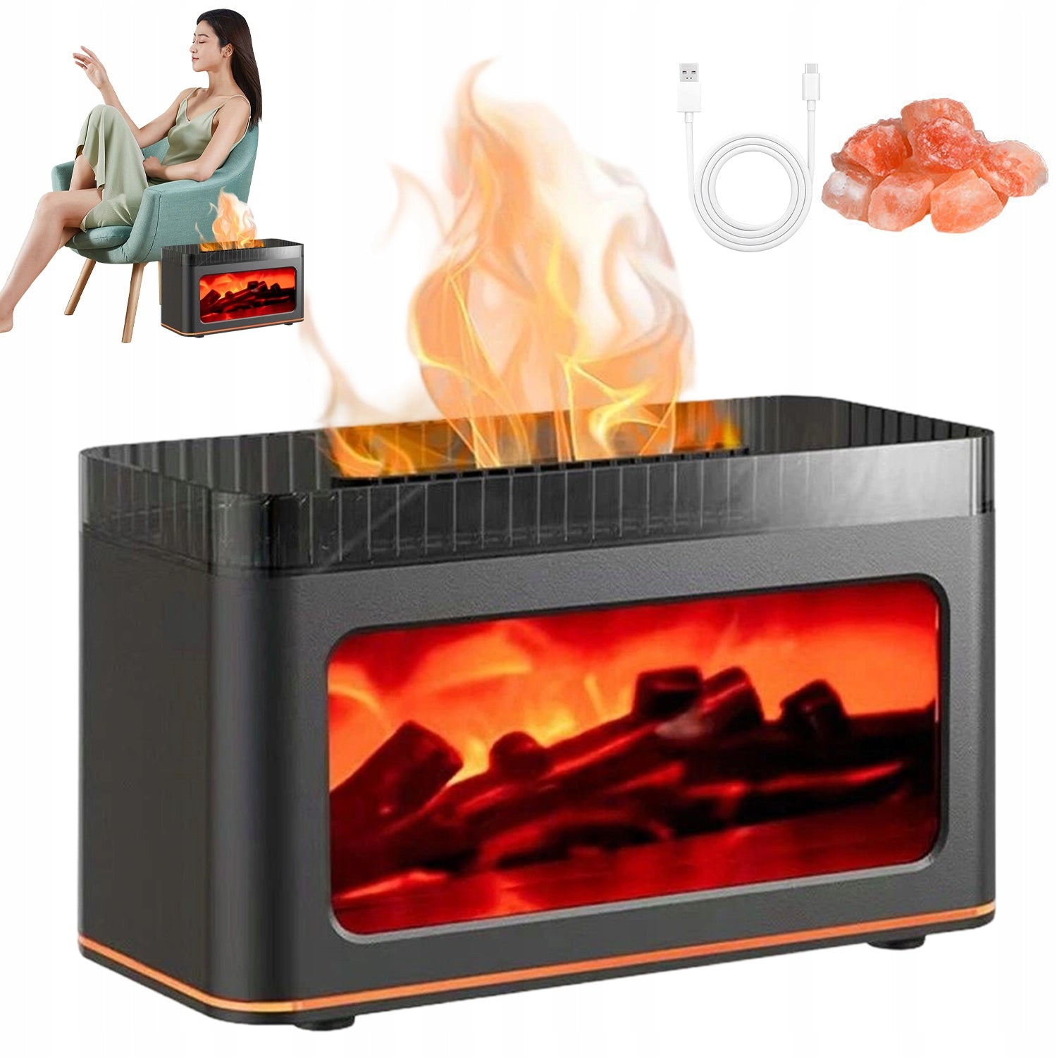 FIREPLACE 3D AIR DIFFUSER WITH HIMALAYAN SALT 7 COLORS LED USB 200ML