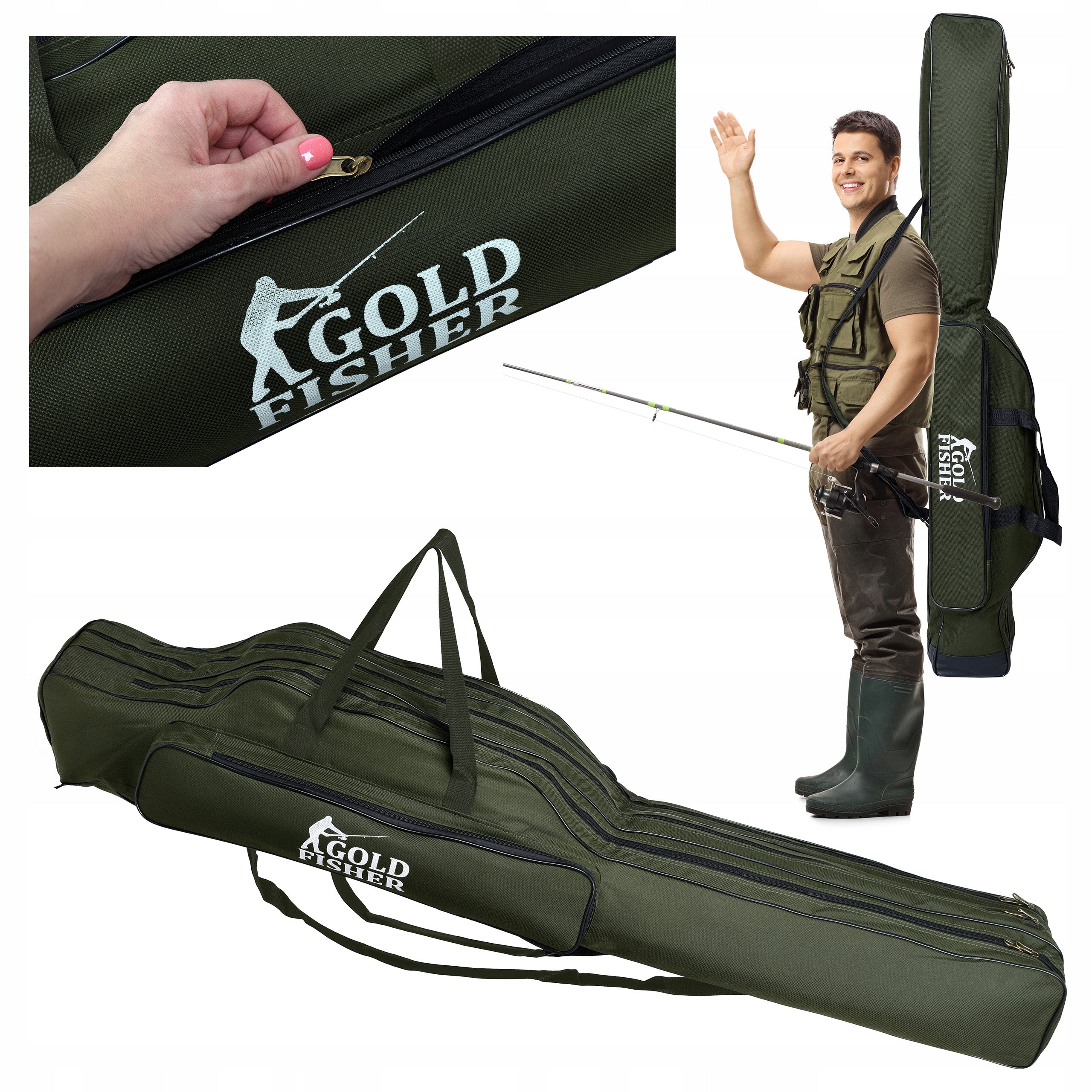 FISHING ROD COVER 3 COMPARTMENT BAG 140 cm GIFT FOR ANGLER Color green