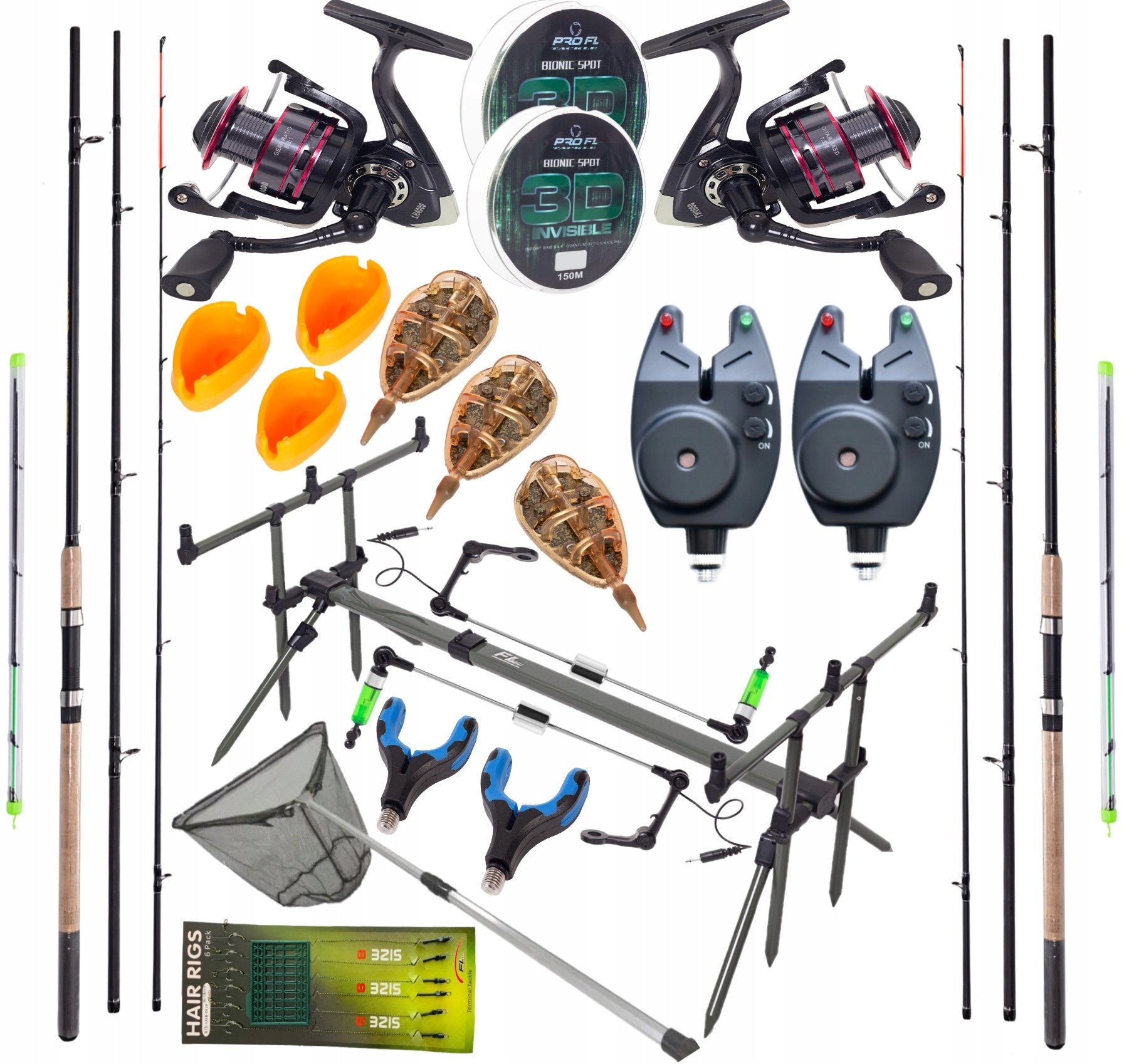 FISHING SET 2X FEEDER ROD + 2X LH REEL + STAND + ACCESSORIES