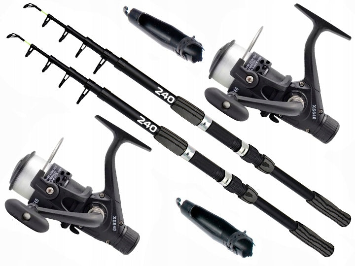 FISHING SET 2x FISHING ROD telescope BLACK 240 2x WHEEL GROUND FLOAT SPIN