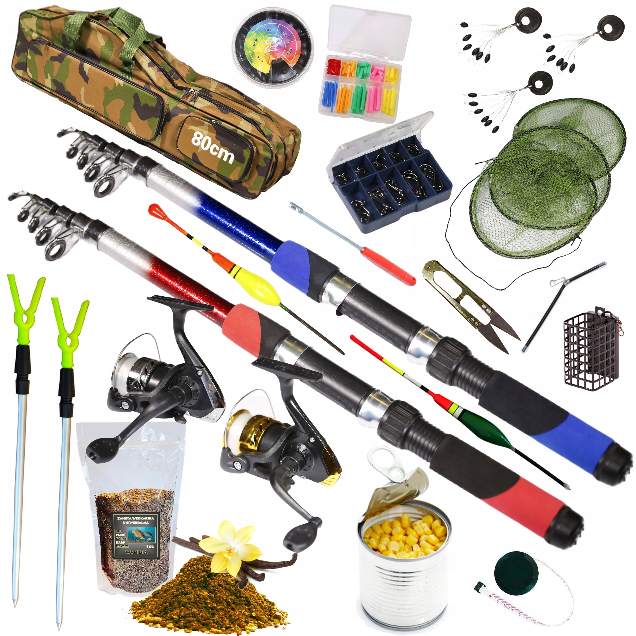 FISHING SET 2x Fishing rod 2,4m, 2x Reel, float, bait - ZEST-W-14
