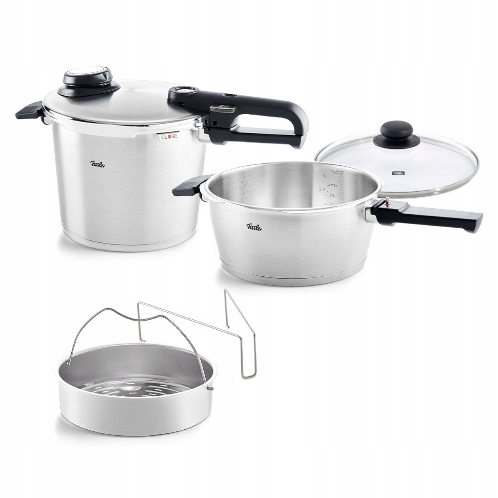 FISSLER Pressure cooker 3,5 l+6 l with perforated insert and glass cover Ø22 cm