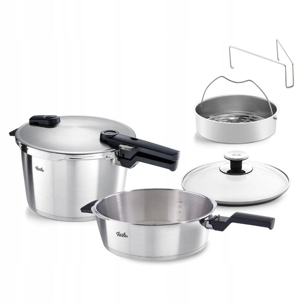 FISSLER Pressure cooker 4 l + 8 l with perforated insert and glass cover 26 cm