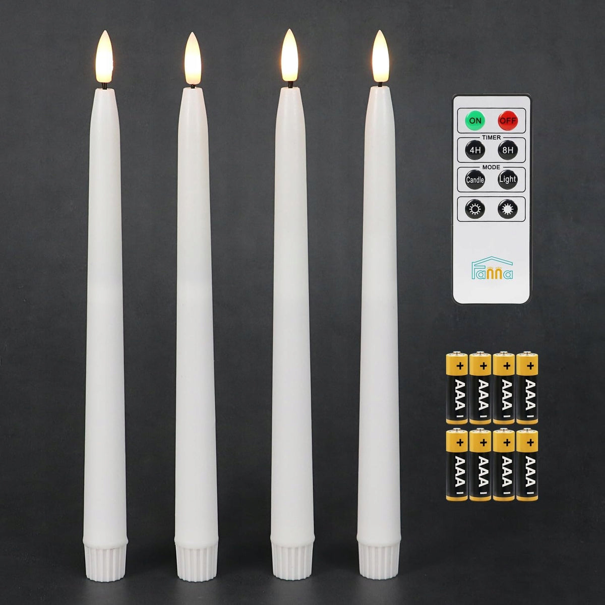 FLAMELESS CONICAL CANDLES WITH TIMER SET OF 4 WITH BATTERIES