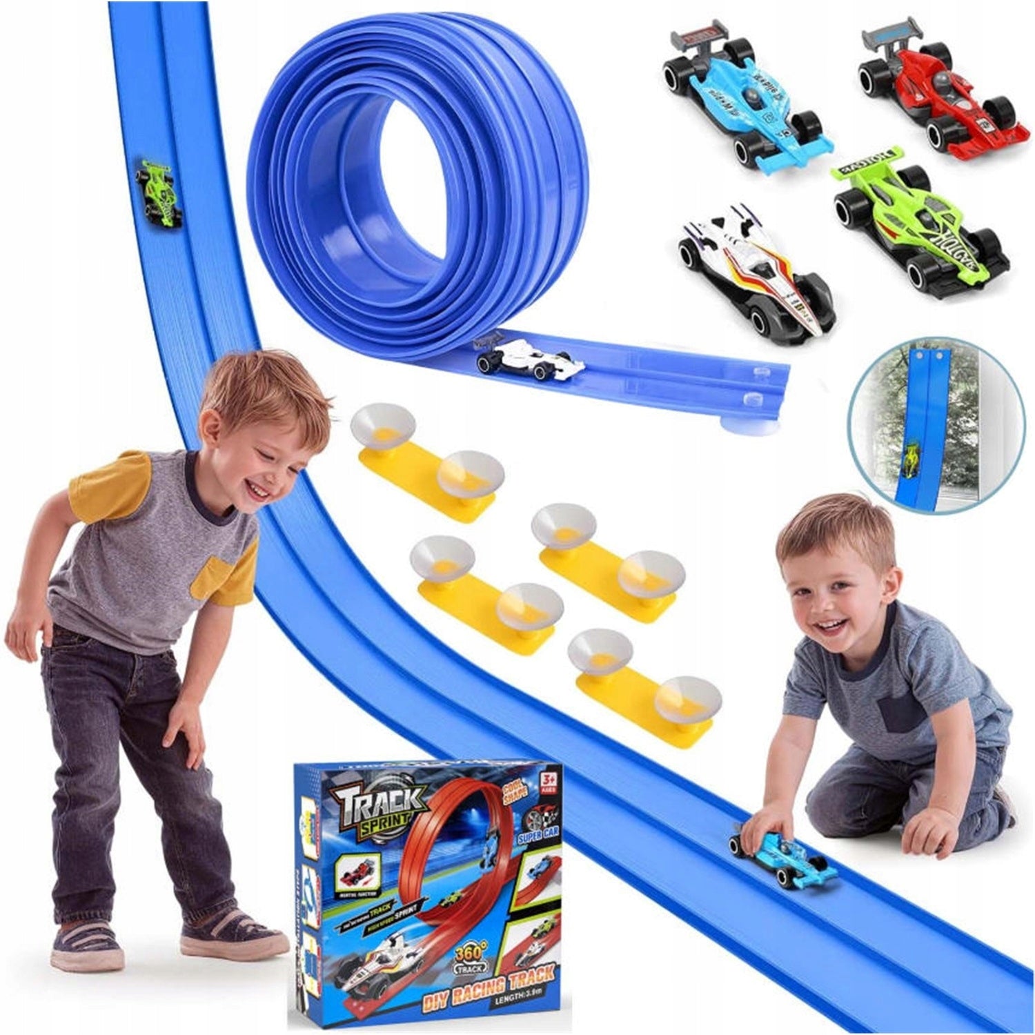 FLEXIBLE RACE TRACK FOR CHILDREN 4M SET OF 4 CARS 12 SUCTION CUPS