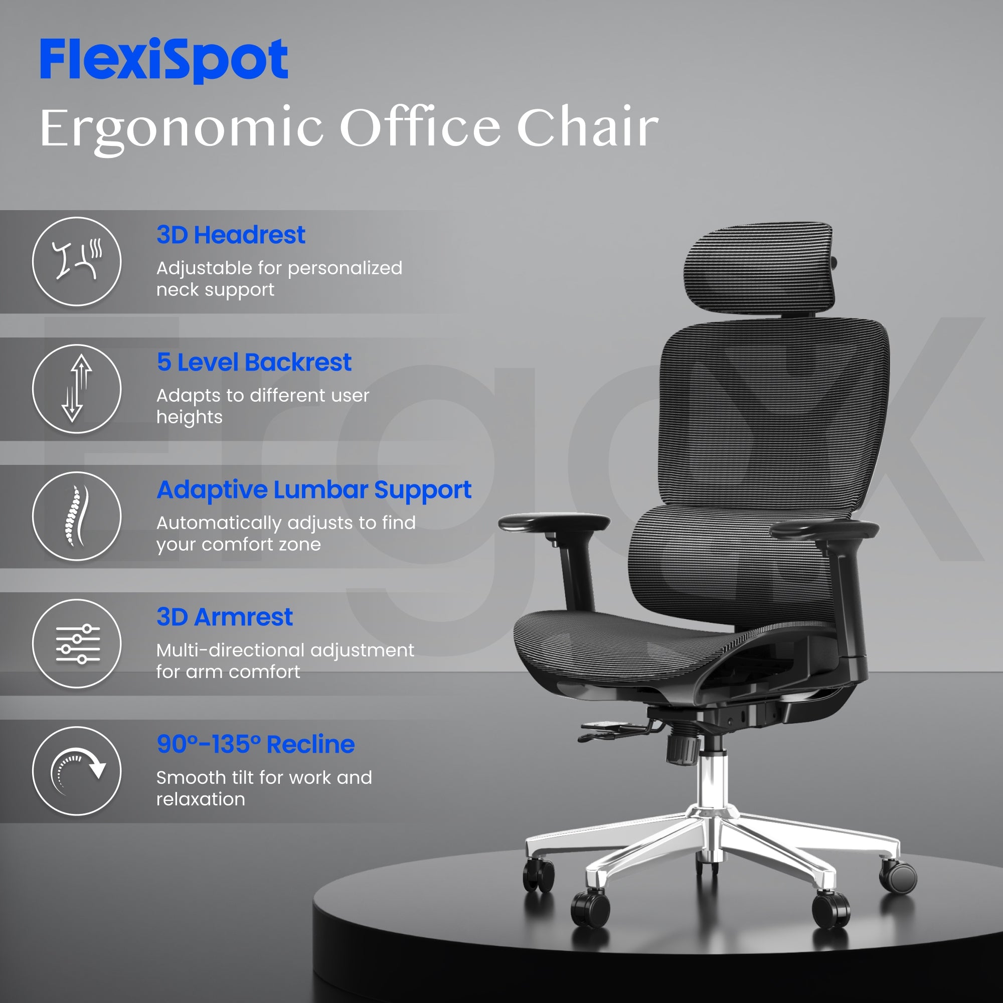 FLEXISPOT Ergox Fotel Biurowy Regulacja 5D Adaptacyjne Lędźwie Siatka 135° Packaging status original