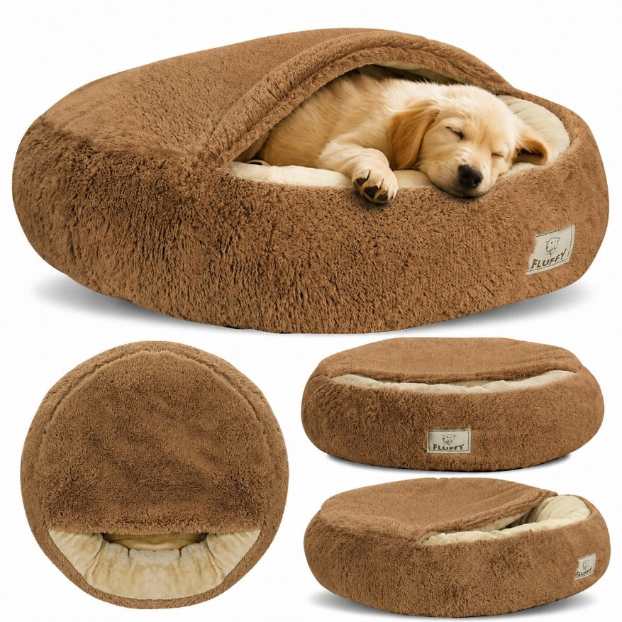 FLUFFY dog bed 50 cm brown cloud with visor