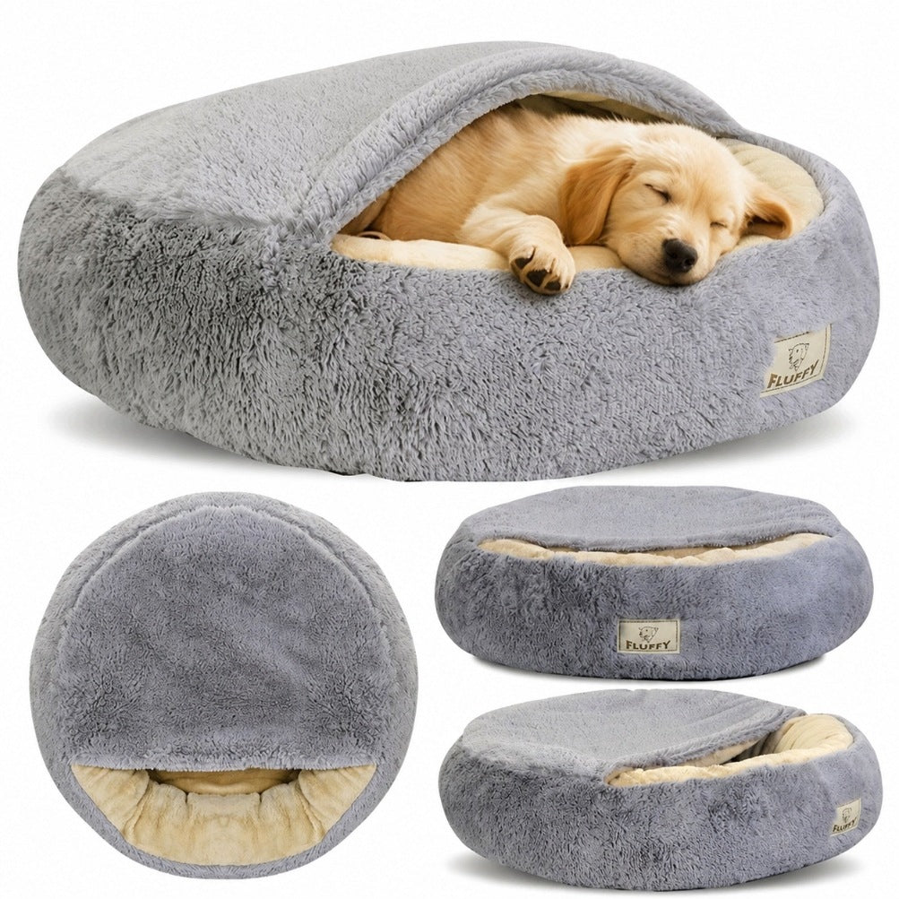 FLUFFY dog bed 70 cm light grey cloud with visor
