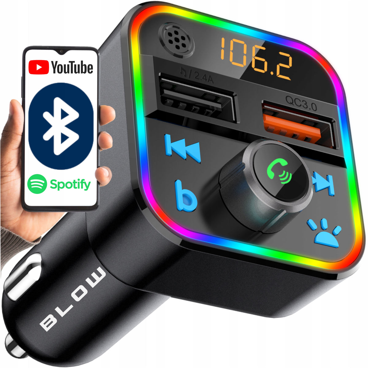 FM BLUETOOTH MP3 SD TRANSMITTER CHARGER 2xUSB RGB FAST CHARGING QC3.0