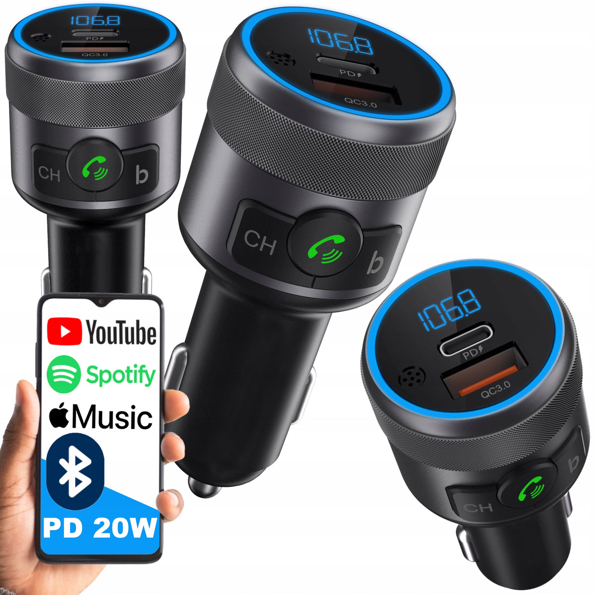 FM TRANSMITTER BLUETOOTH USB TYPE C QC 3.0 + PD BASS PD 20W