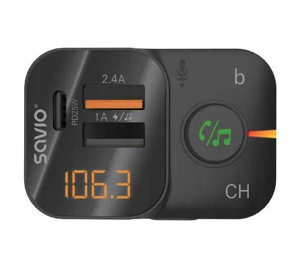 FM Transmitter Savio TR-18 Bluetooth 6.0 Fast Charging USB-C Microphone Brand Savio