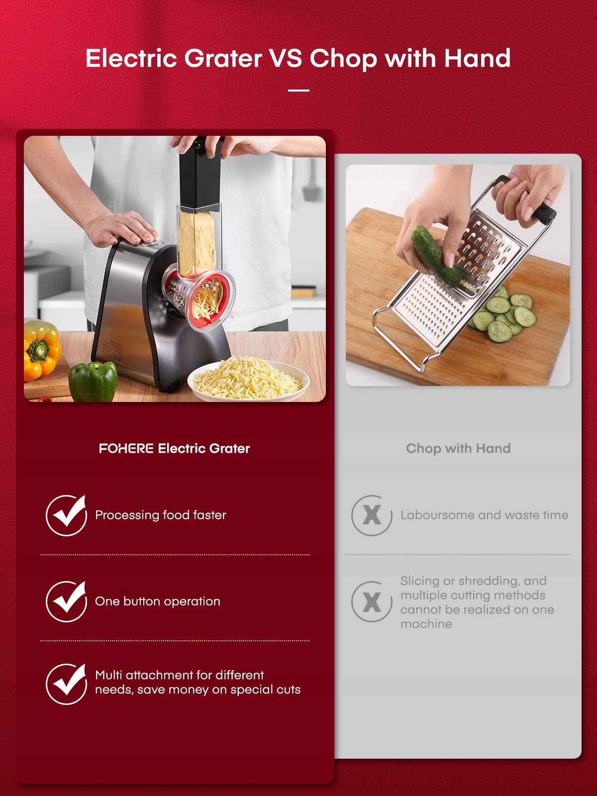 FOHERE Electric Grater 200W For Vegetable With 4 Blades Red Packaging status original