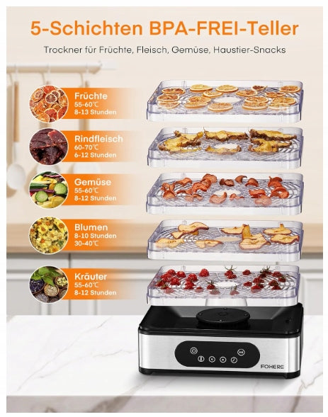 FOHERE Stainless Steel Mushroom Dryer, LED Display, 420W K Packaging status original