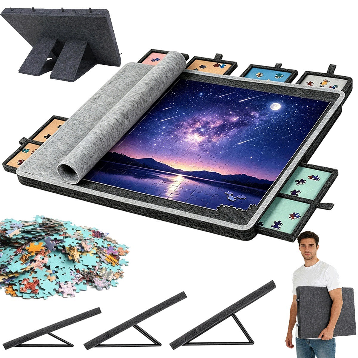FOLDING PUZZLE TABLE 1000 EL. WITH ADJUSTABLE STAND AND COVER