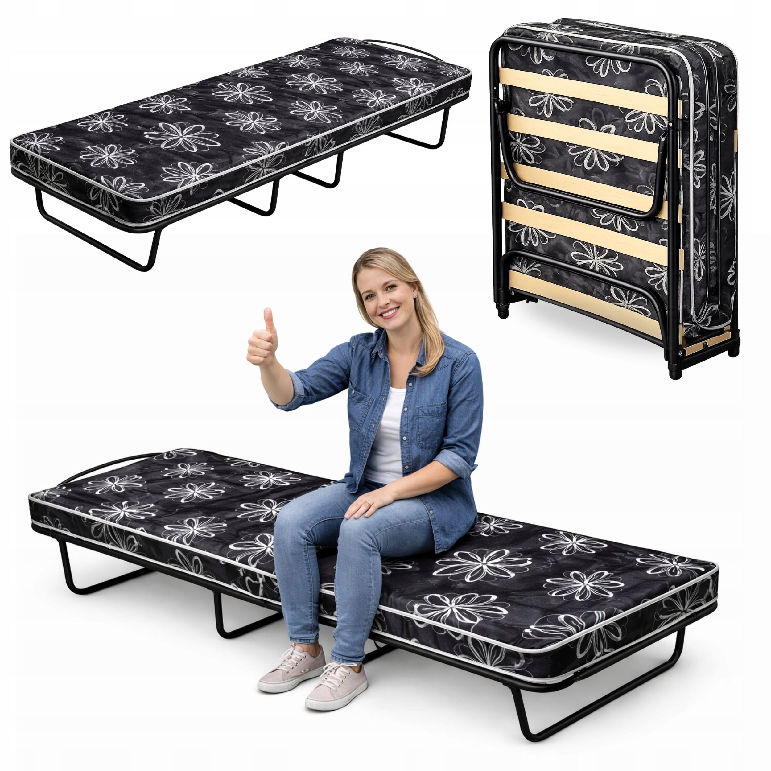 FOLDING TOURIST BED WITH WHEELS SUN LOUNGER 8CM MATTRESS 190X80CM STRONG 120KG Packaging status original