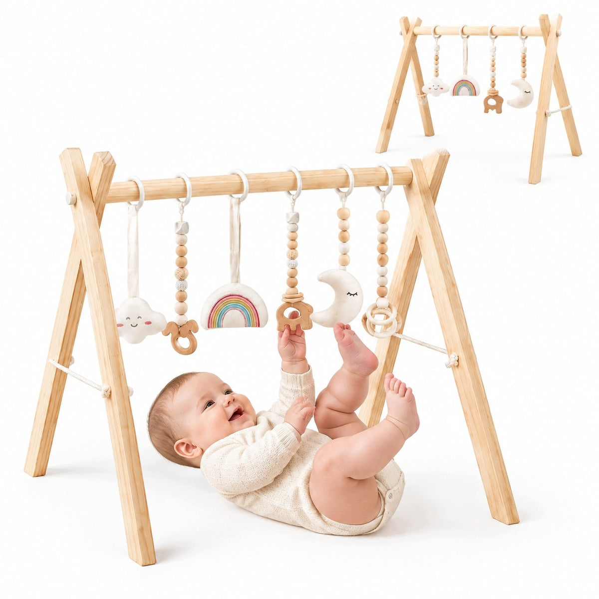 FOLDING WOODEN GYMNASTIC STAND WITH 6 BABY PENDANTS
