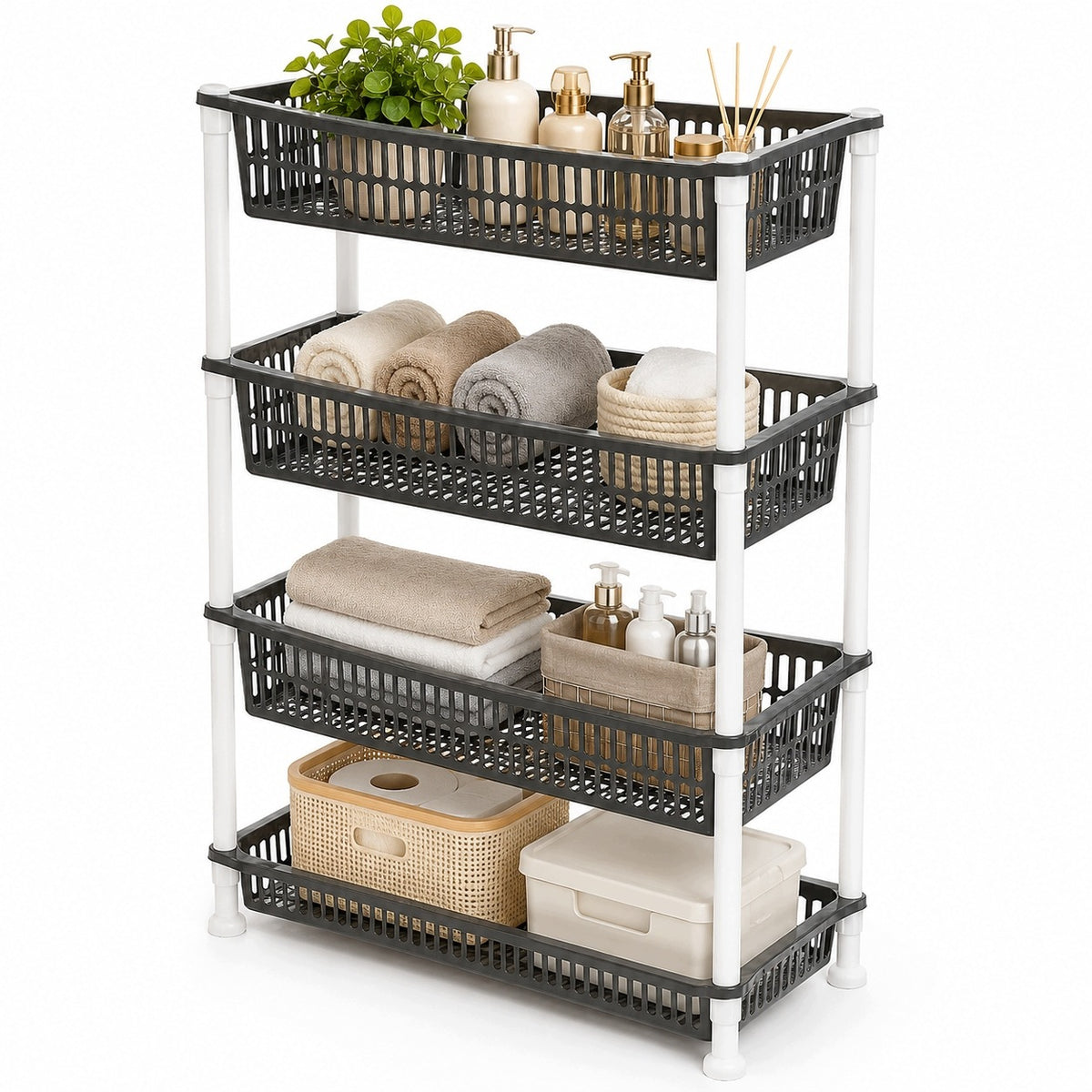 FOLL Rectangular 4 Tier Plastic Storage Rack with Baskets Grey