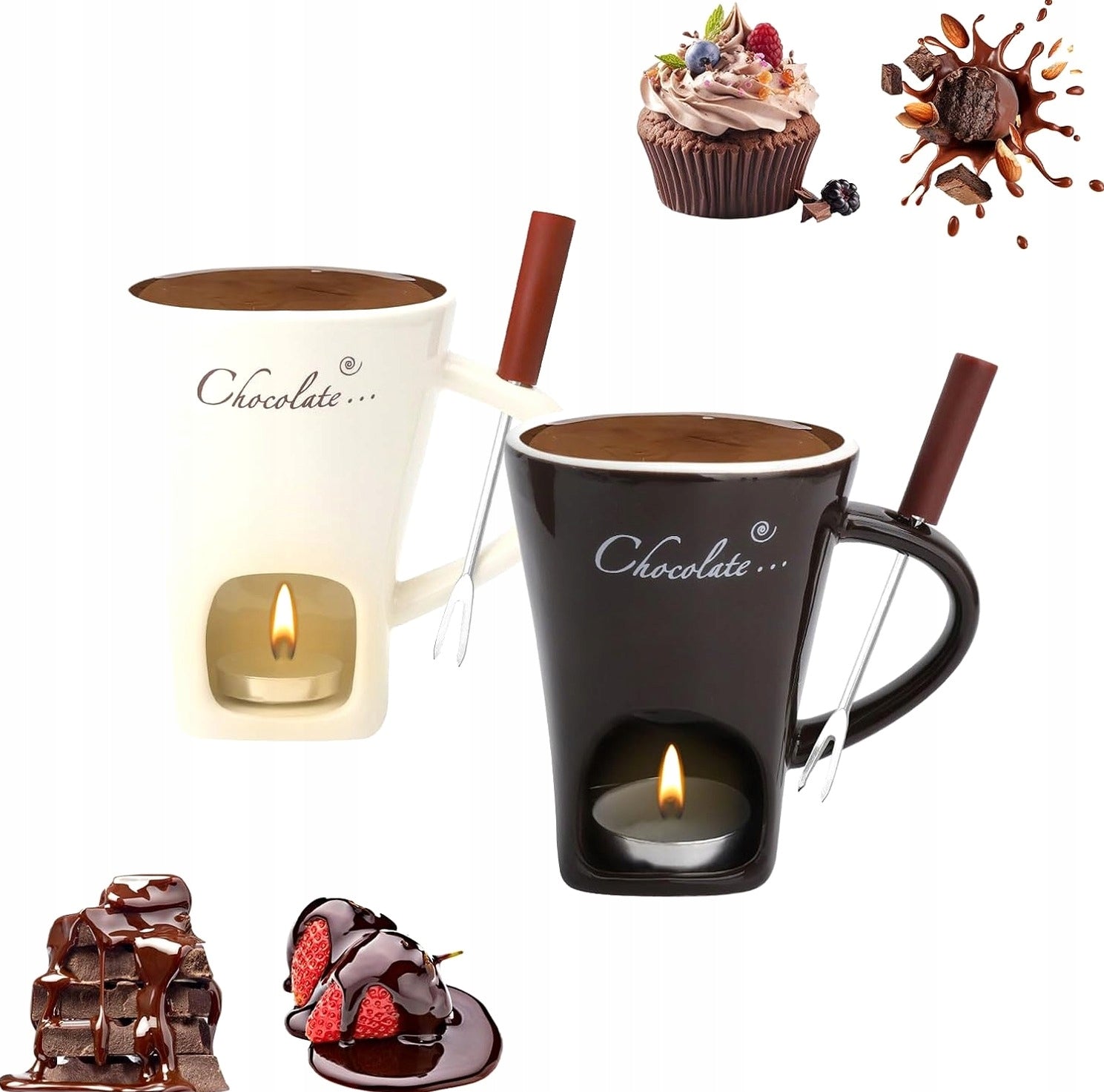 FONDUE 2PCS CERAMIC MUG SET MELTING FORKS PORTABLE