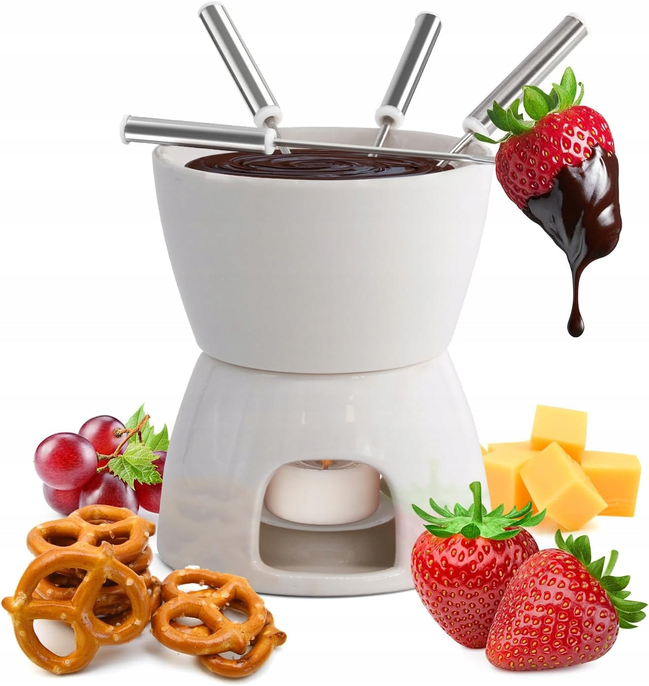 FONDUE CHOCOLATE FONDUE SET CANDLE STEEL CERAMIC FORKS