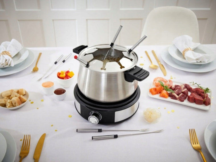 FONDUE FOUNDE SET 8 PEOPLE ELECTRIC STEEL POT 1500W FORKS Packaging status original