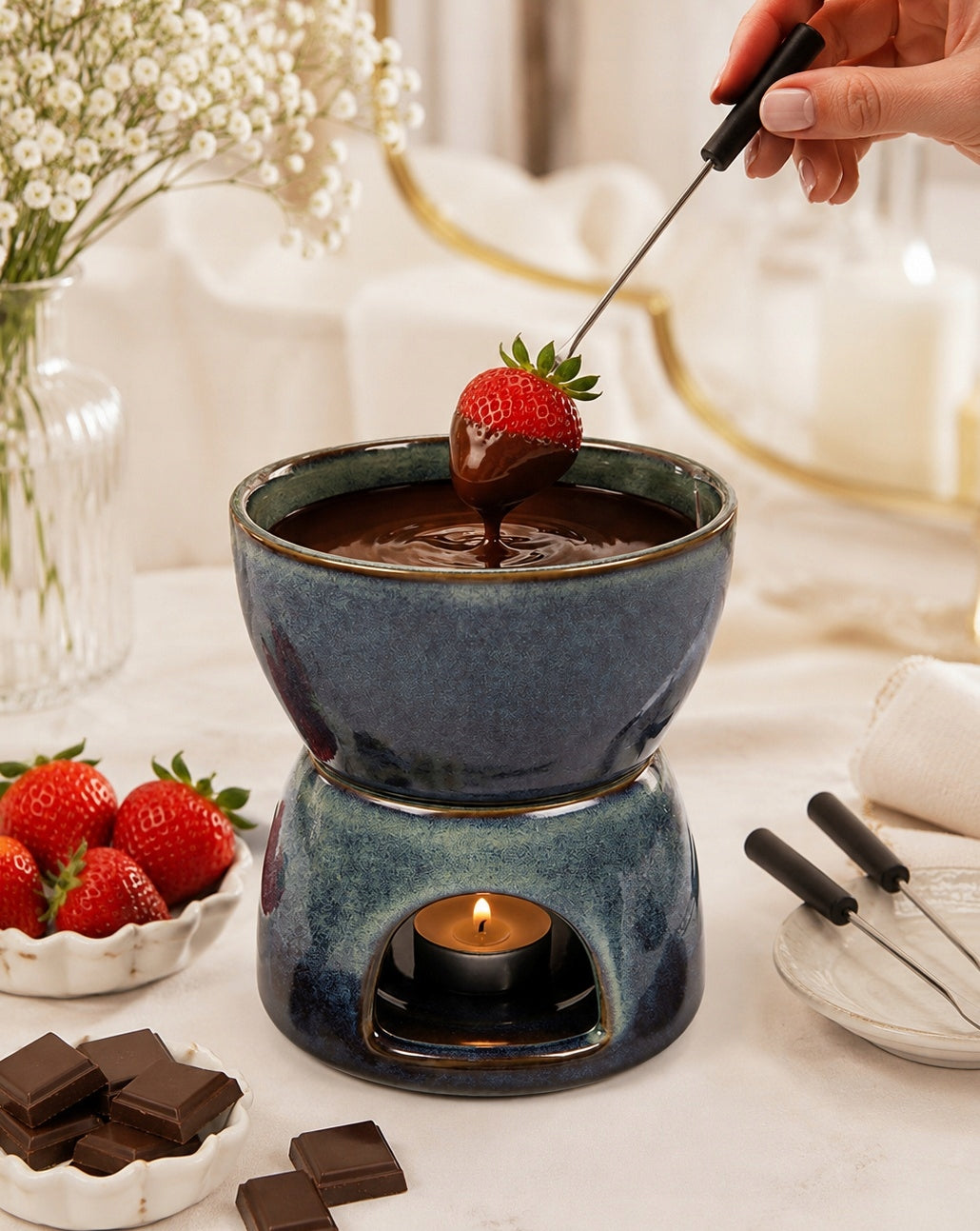 FONDUE MELTING DISH CHOCOLATE FORKS CERAMIC SET OF 4el Manufacturer code GRA871413