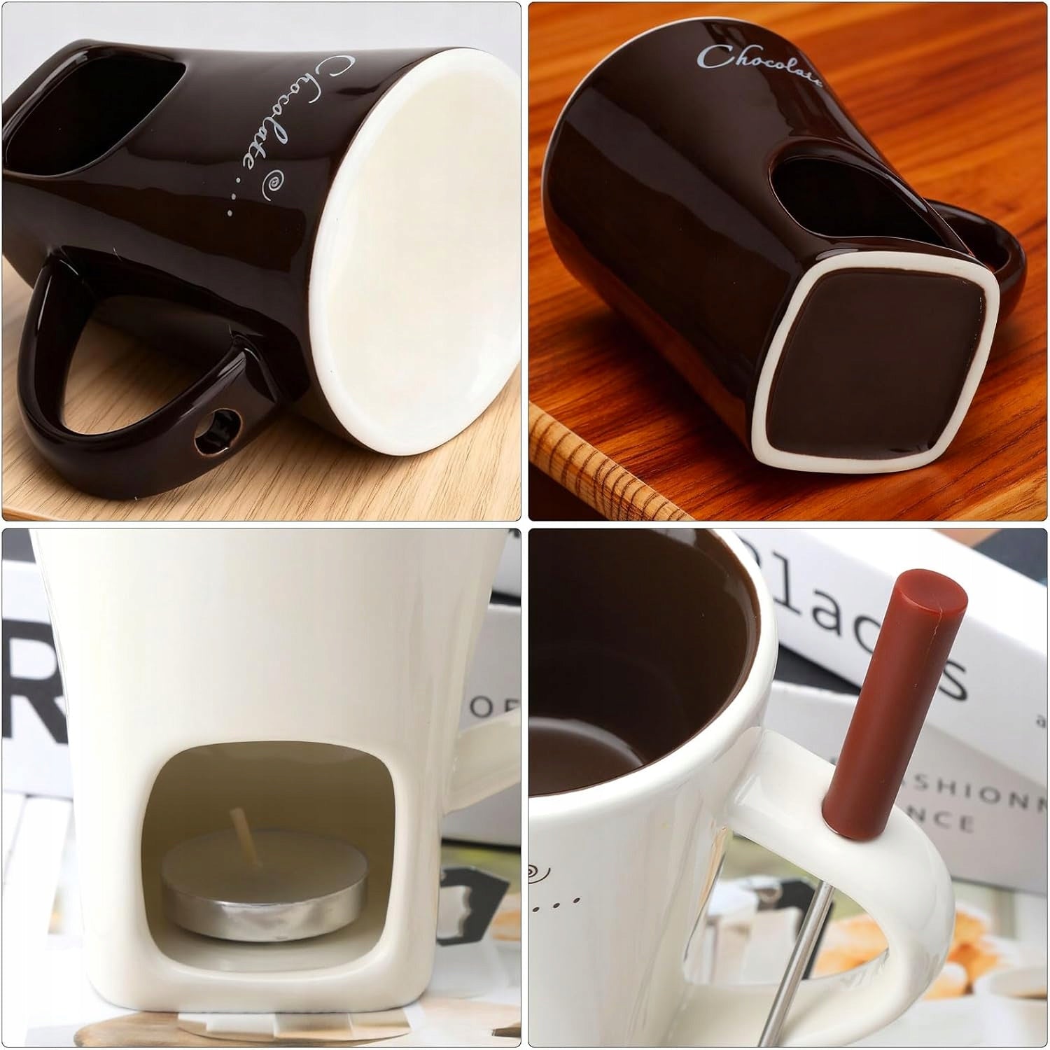 FONDUE SET CHOCOLATE CERAMIC MUGS 130 ML 2 PCS WITH FORKS Customs tariff code 69111000