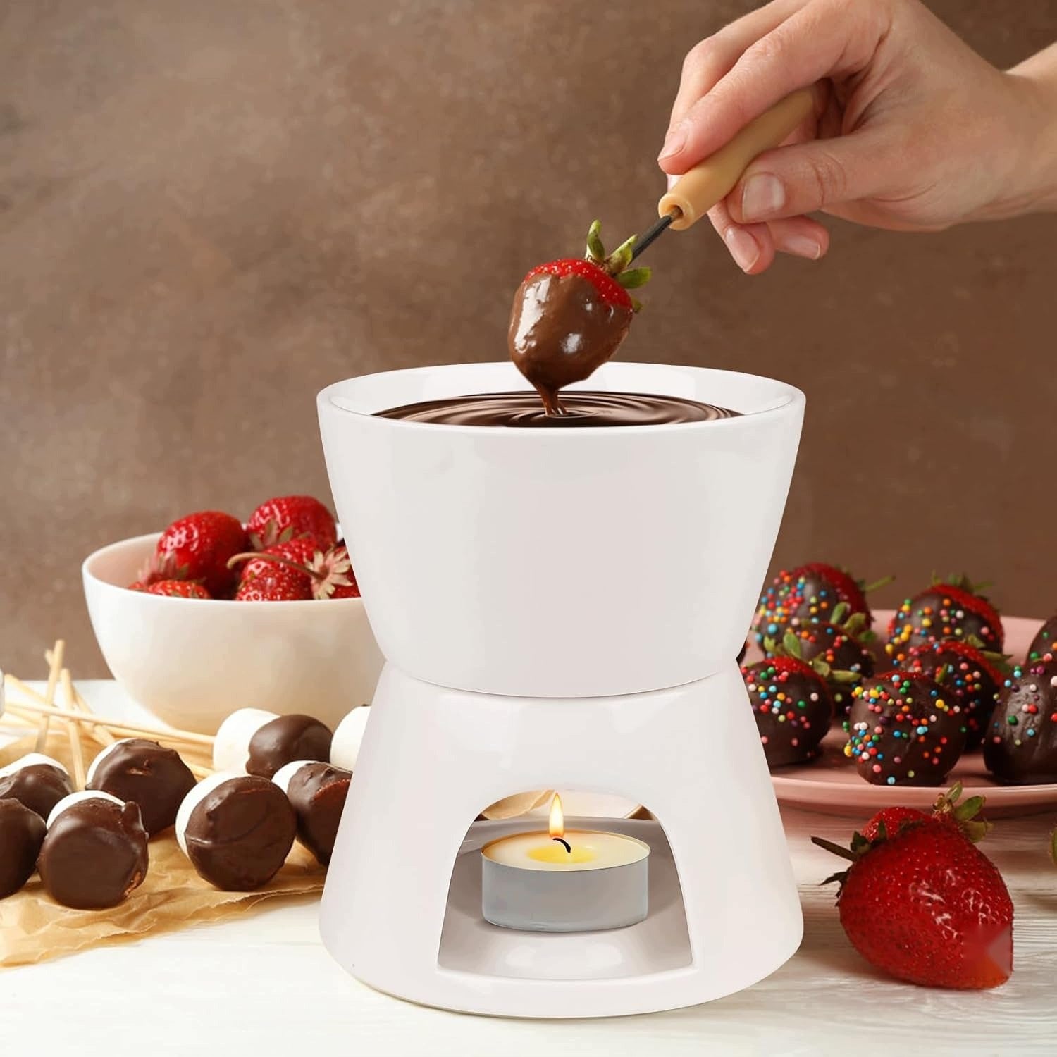 FONDUE SET CHOCOLATE MINI CERAMIC POTS FORKS WHITE Color other