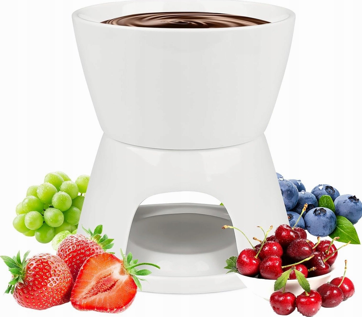 FONDUE SET CHOCOLATE MINI CERAMIC POTS FORKS WHITE