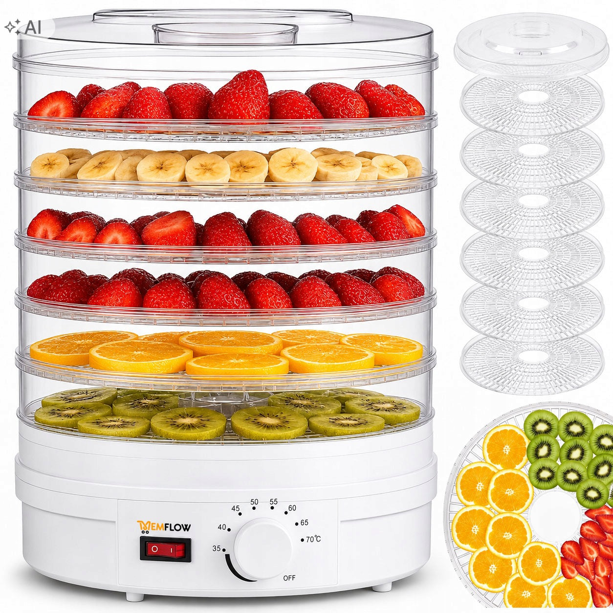 FOOD DRYER FOR VEGETABLE FRUIT MUSHROOM ADJUSTABLE LARGE 500W + 6 SIEVES Manufacturer code MEMFLOW SUSZARKA DO ŻYWNOŚCI 6 SIT 500W