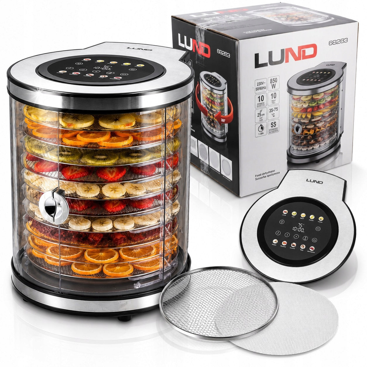 FOOD DRYER LUND 850W 10 TRAYS FOR VEGETABLE FRUIT MUSHROOMS TEMP ADJUSTMENT