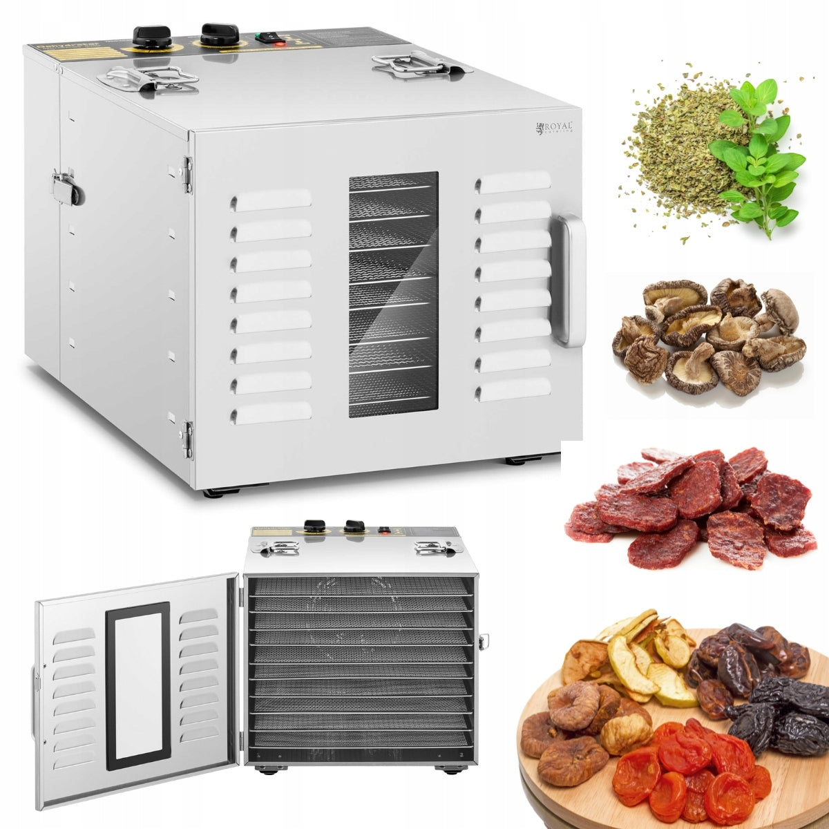 FOOD DRYER MUSHROOMS FRUIT HERBS 1000W 10 SIEVES - ROYAL CATERING Packaging status original