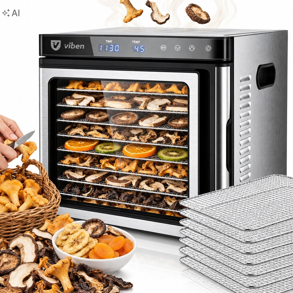 FOOD GRADE VEGETABLE MUSHROOM AND FRUIT DRYER 1000W 9 TRAY STEEL