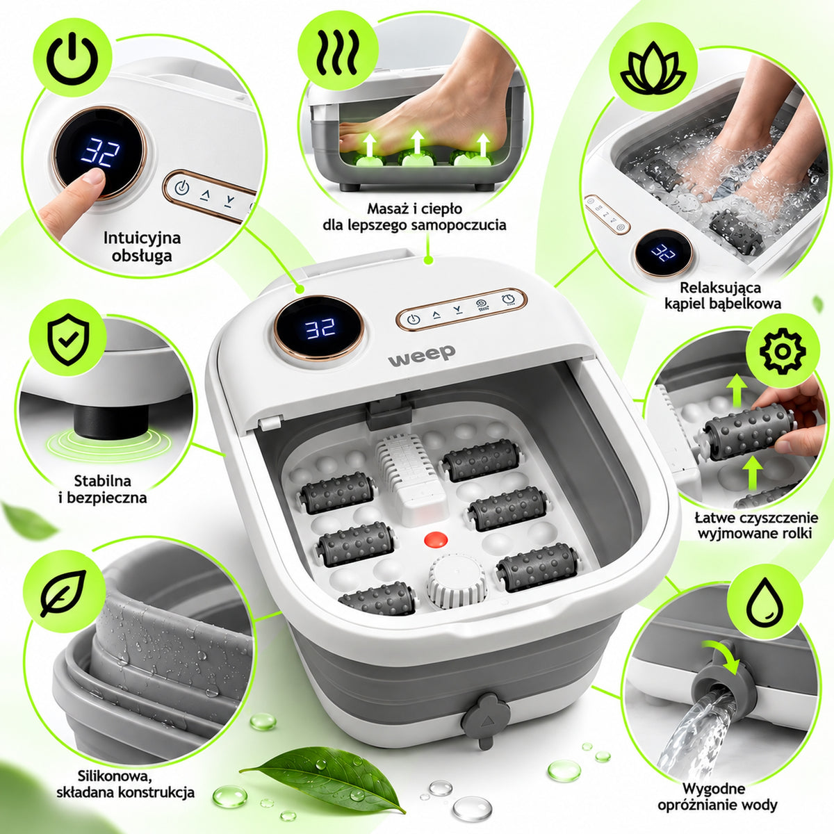 FOOT WATER MASSAGER FOLDING HYDROMASSAGE HEATED SPA ROLLERS 500W Packaging status original