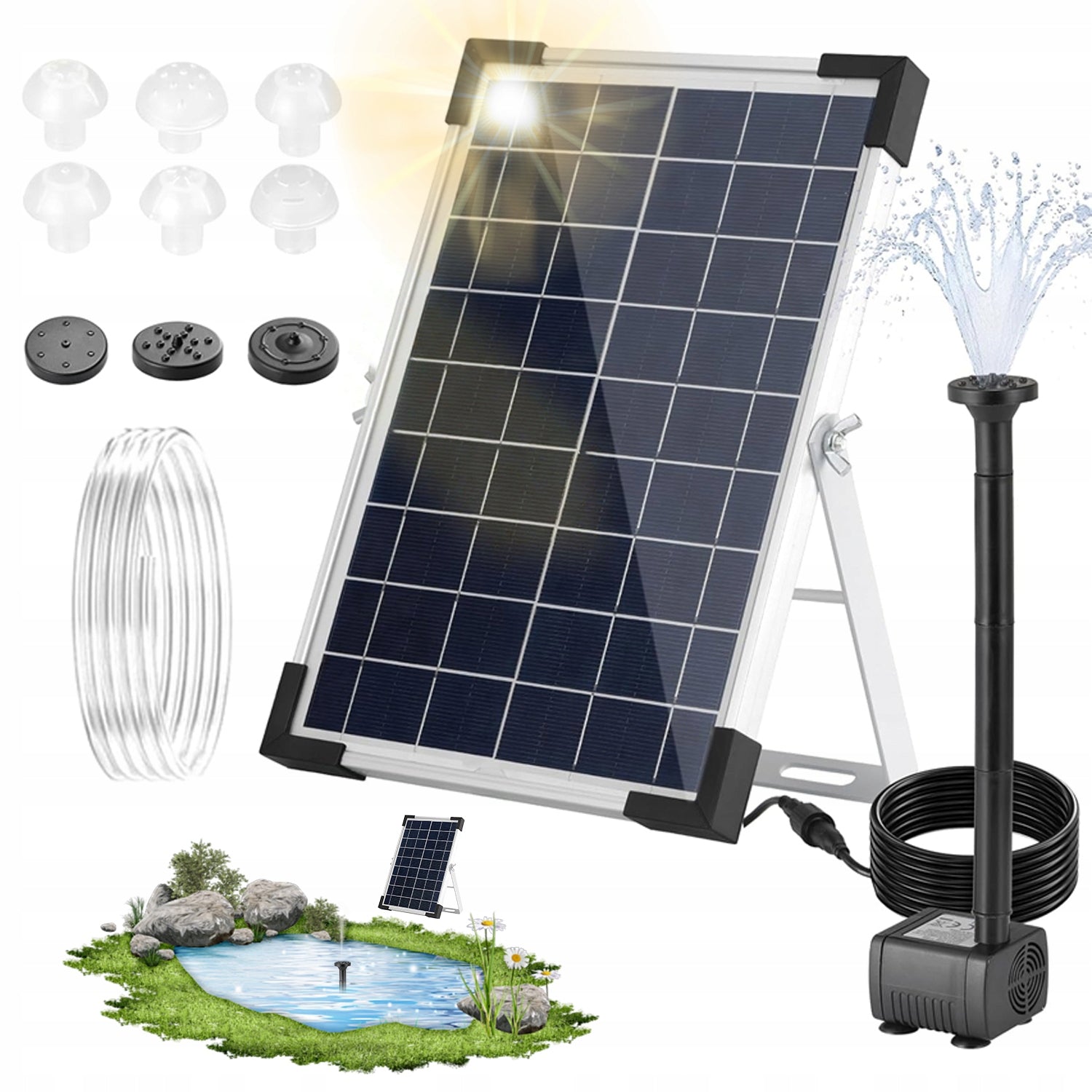 FOUNTAIN PUMP WITH FILTER FOR POND EYE+ 150L/H SOLAR PANEL + 9 NOZZLES